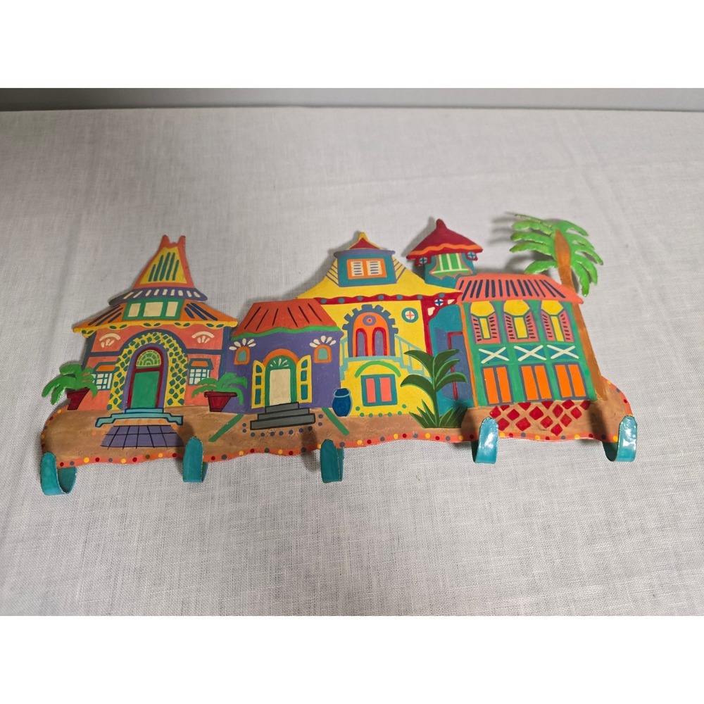 Vintage Haiti Hand Painted Metal Village Wall Hook Rack Colorful Tropical Art OS